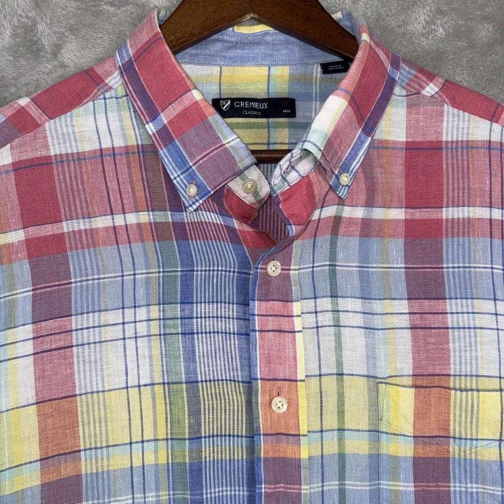Cremieux Classics Men's‎ XL Rainbow Pastel Plaid Check ButtonUp Shirt 100% Linen